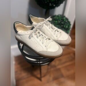 Sam Edelman Men's White Leather Sneakers with Gum Sole and Gray Suede Trim